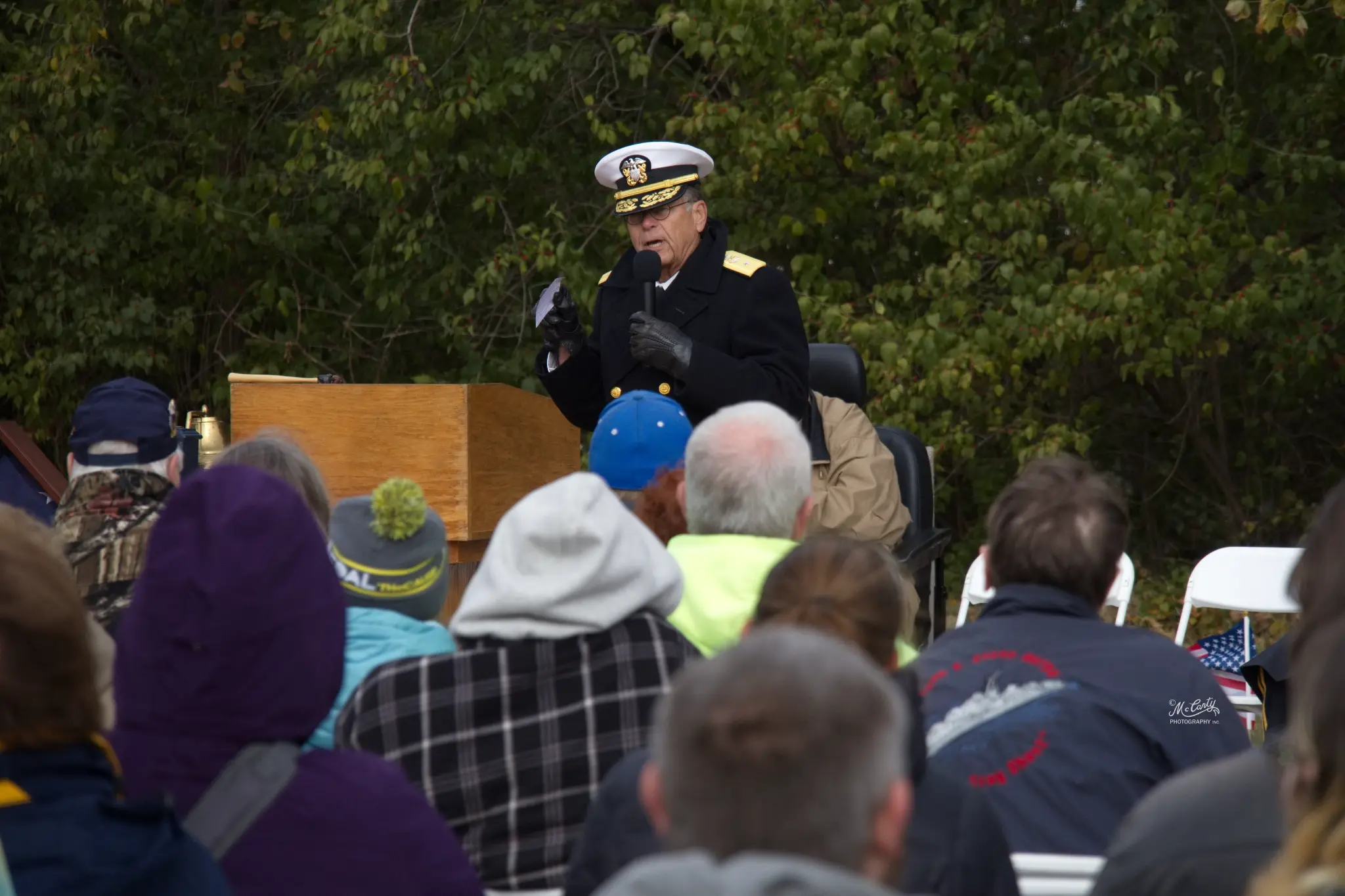 Rear Admiral Charles Williams speaking at a Veterans Day ceremony